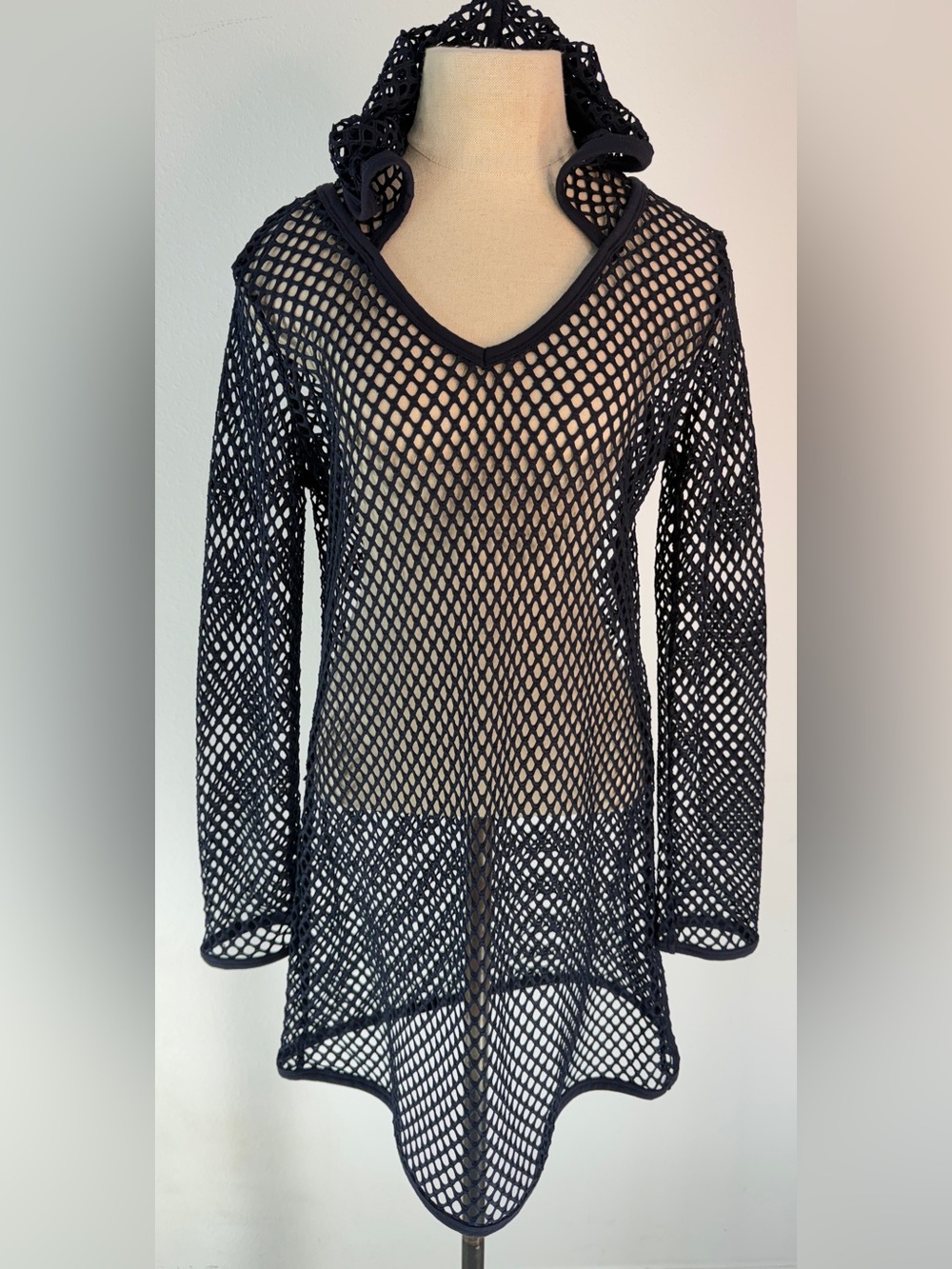 Balance Collection Navy Blue Fishnet Swim Cover Mini Dress Longsleeve Hooded LG